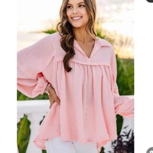 Ces Femme Jillian Gauze Babydoll Top in Pink/Coral . Size S.
